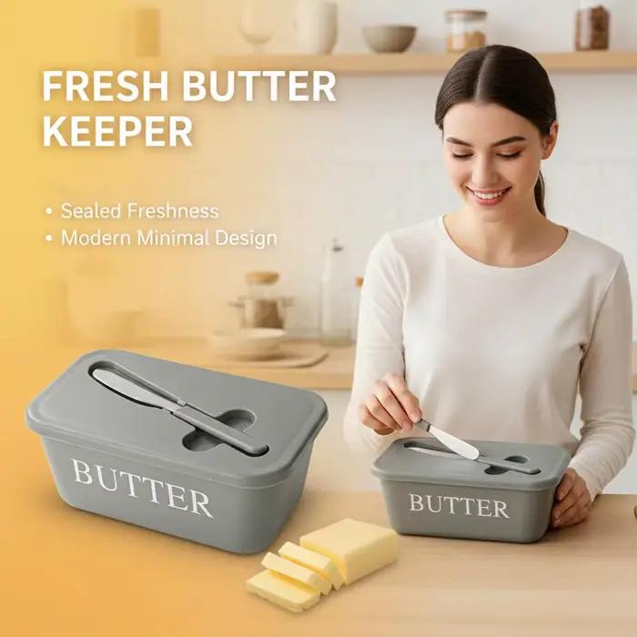 Pot à beurre en PP avec couvercle hermétique et spatule intégrée pour beurre fraîcheur, design épuré, rangement facile pour réfrigérateur, cadeau cuisine occasions spéciales