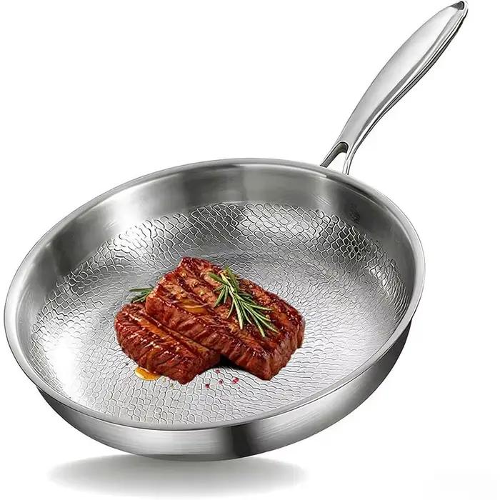 Poêle à frire en acier inoxydable tri-couche 10 11 12 pouces poignées ergonomiques pour cuisine professionnelle et amateurs occasions spéciales