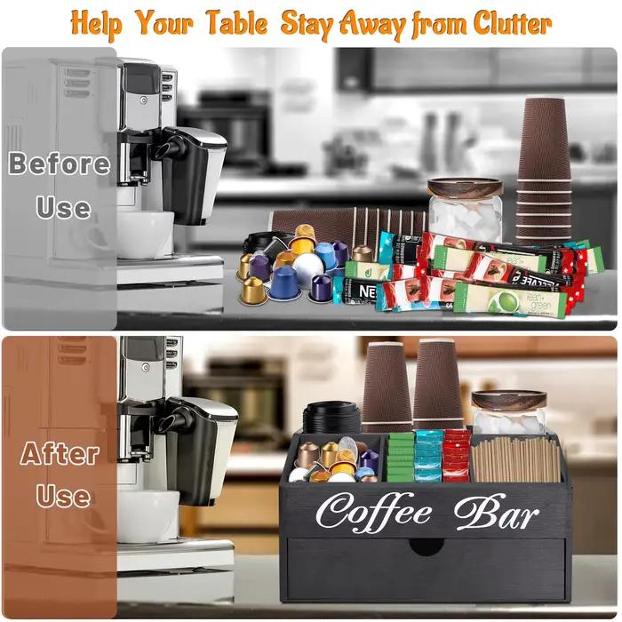Boîte de rangement en bois pour sachets de café, organisateur d'accessoires de bar à café à double couche avec tiroirs, décoration rustique pour comptoir de bar à café