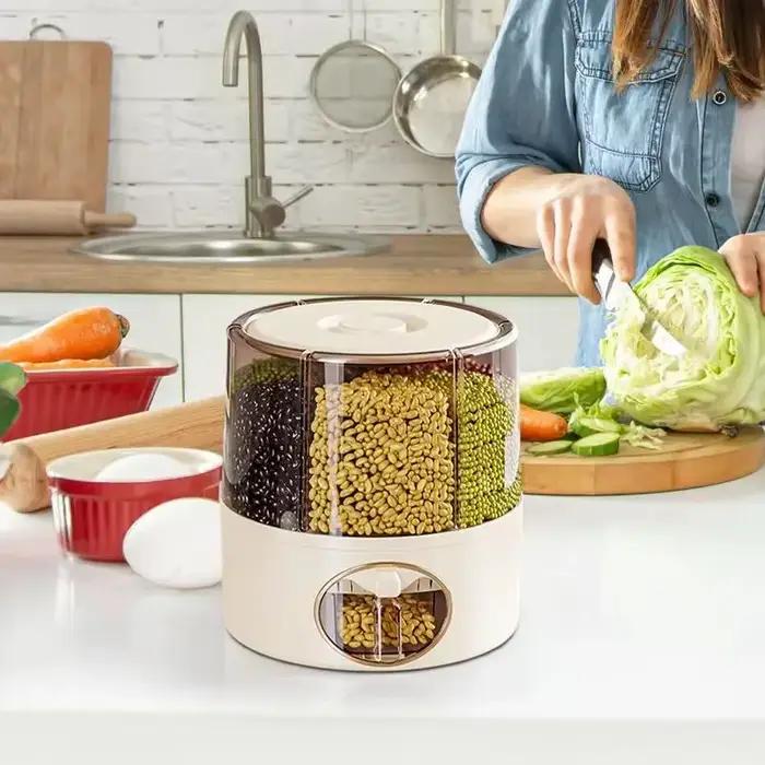 Conteneur de stockage de céréales alimentaires, distributeur de riz à 6 grilles, seau de stockage de cuisine, distributeur de stockage de riz à sortie en un clic, riz à 6 grilles