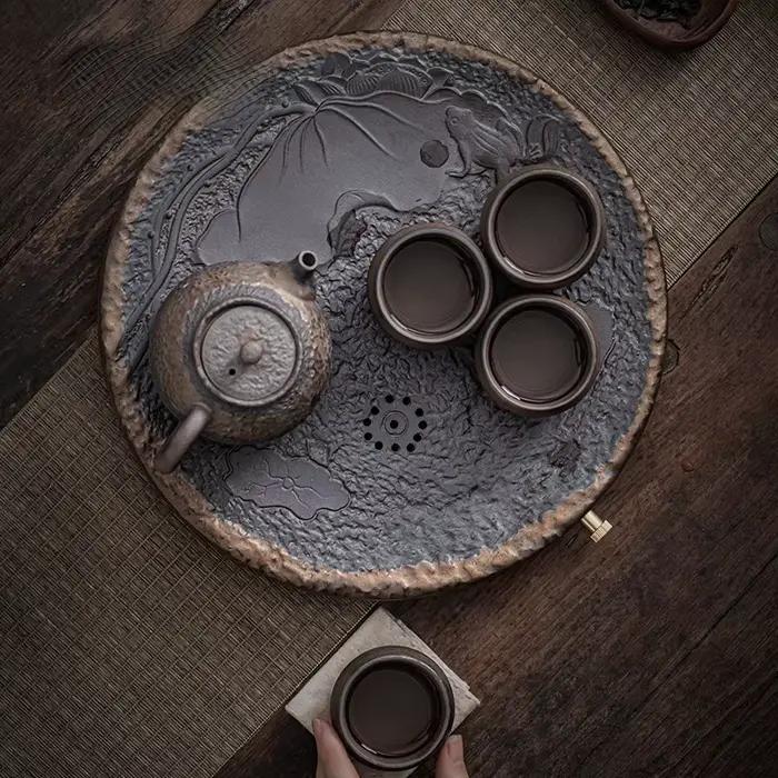 Service à thé Kung Fu en poterie brute de style japonais, plateau à thé en céramique, rangement de l'eau, Table à thé, théière rétro, tasse à thé