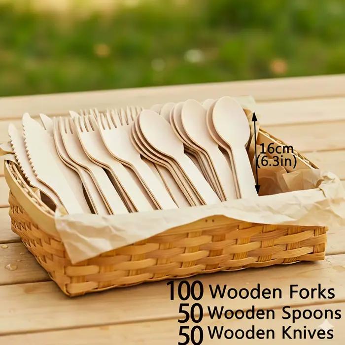 Un ensemble de couverts en bois de qualité supérieure – 100/200 ustensiles jetables (50/100 fourchettes, 25/50 couteaux, 25/50 cuillères), adaptés aux événements et aux services de restauration, compr