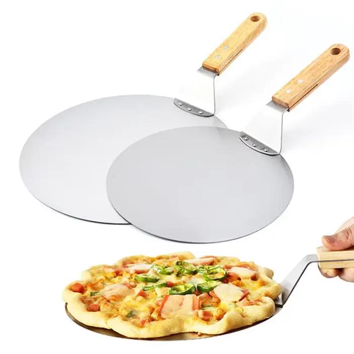 Pelle à Pizza Rondes en Acier Inoxydable avec Manche en Bois de Chêne Antiadhésive Outils Dramatiques Cuisine Occasions Spéciales