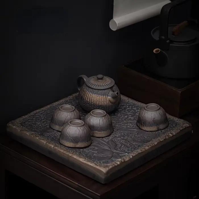 Service à thé Kung Fu en poterie brute de style japonais, plateau à thé en céramique, rangement de l'eau, Table à thé, théière rétro, tasse à thé