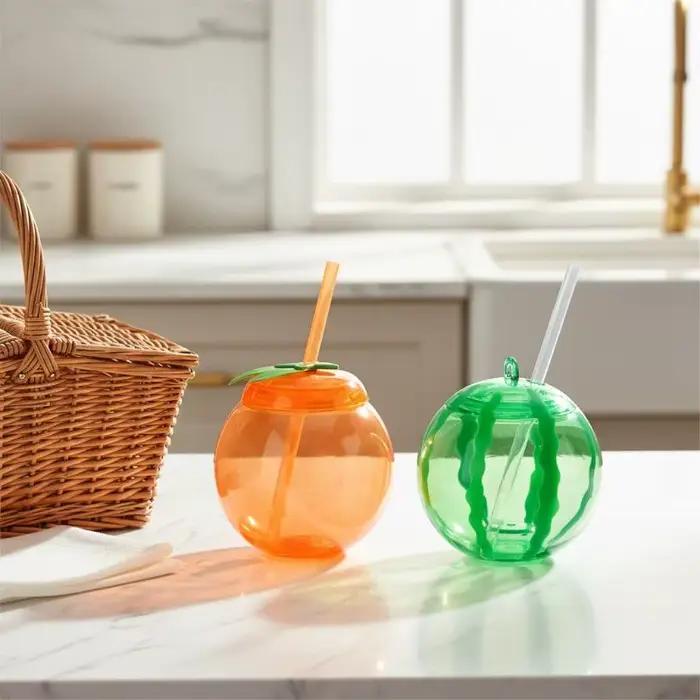 Bouteille de jus fantaisie en forme de fruit avec paille pour la maison et l'extérieur – Orange Pastèque