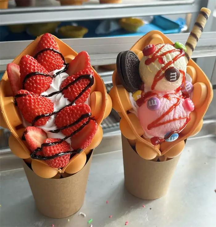 Ensemble de 2 pièces de cuillère à crème glacée, sucre sucré, Harvey, chocolat aiss, glace, snacks de rue, modèle de vente sur le marché, gaufre à bulles, cadeau