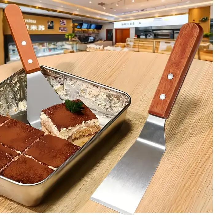 1/2 spatules en acier inoxydable avec bord incliné et manche en bois dur - Grande spatule en métal, adaptée aux poêles en fonte
