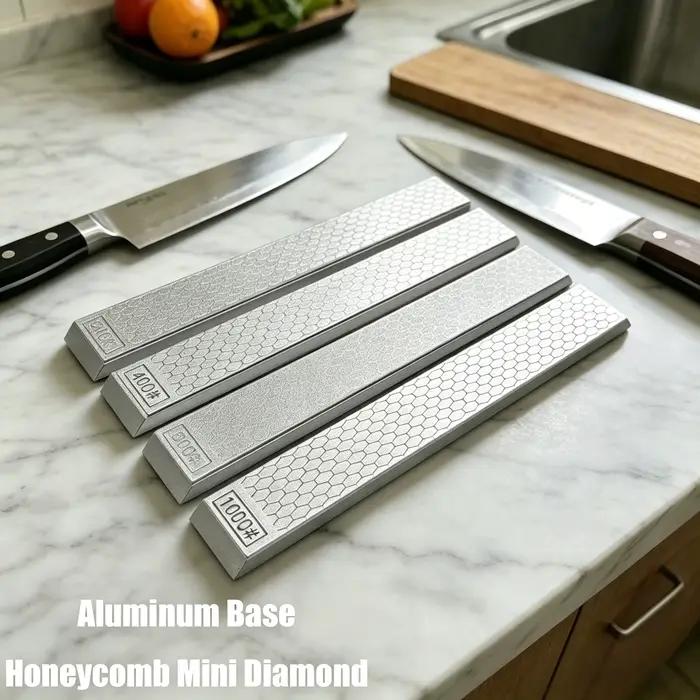 Kit d'affûtage professionnel pour couteaux de chef avec base en aluminium et pierre à aiguiser diamantée alvéolée 240/400/600/1000