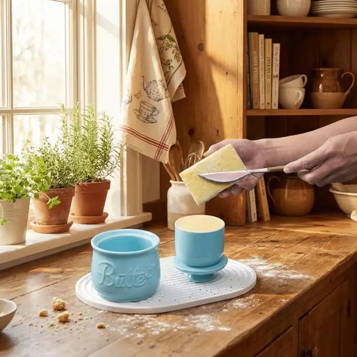 Cloche à beurre hermétique en céramique avec couvercle, boîte de rangement pour fromage, pot à épices, grande capacité, style rustique