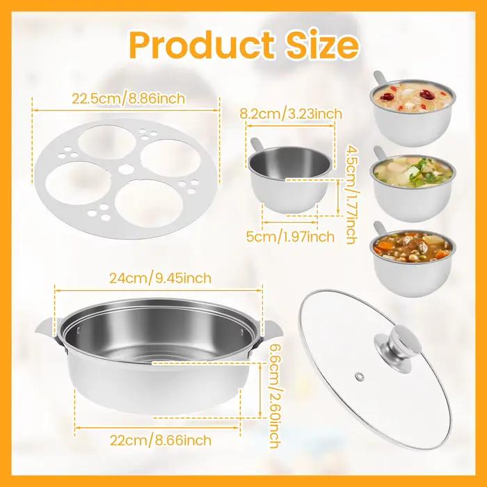 Poacher à œufs en acier inoxydable, casseroles polyvalentes à ragoût cuites à la vapeur, marmite à œufs bouilli avec 4 tasses et couvercles en verre pour la cuisine, accessoires de cuisine