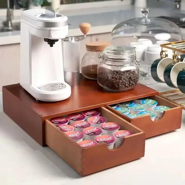Boîte de rangement en bois pour café – Rangement à tiroirs pour dosettes K-Cup, capsules de thé et Nespresso – Support compact pour comptoir pour une cuisine sans désordre