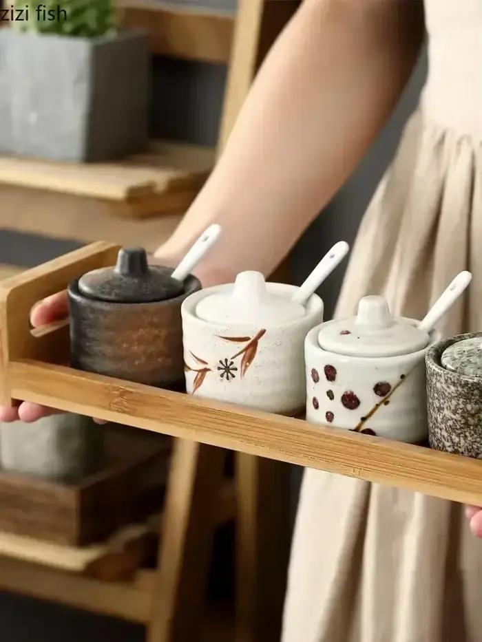 Pots d'assaisonnement en céramique rétro, salière et poivrière, outils à épices de cuisine, organisateur de pots, boîte d'assaisonnement, accessoires de cuisine