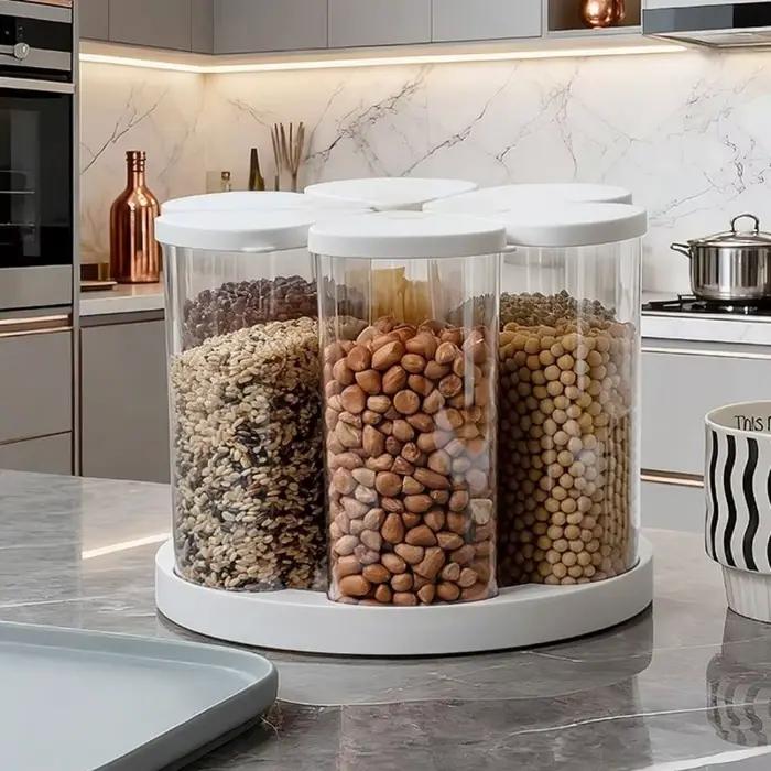 Boîte de rangement pour céréales à six compartiments hermétique anti-poussière rotative anti-humidité anti-insectes pour rangement élégant et efficace de la cuisine