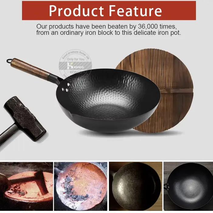 Konco Fer wok Poêle en fonte Pot non revêtu Utilisation générale pour cuisinière à gaz et induction 32 cm Wok chinois
