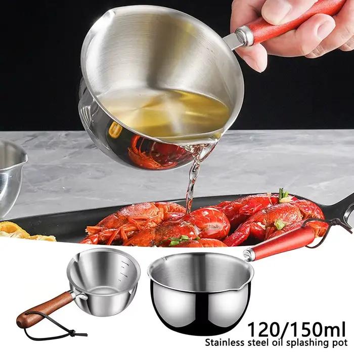 Petit pot d'arrosage d'huile en acier inoxydable avec manche en bois, marmite à lait multifonction, huile chaude, friture, ménage, cuisine