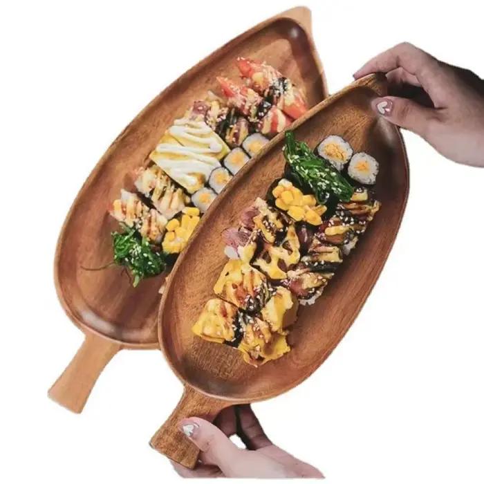 Plateau de service en bois en forme de feuille, étanche, pour steak, sushi, viande grillée, pizza, thé de l'après-midi, usage commercial comme vaisselle