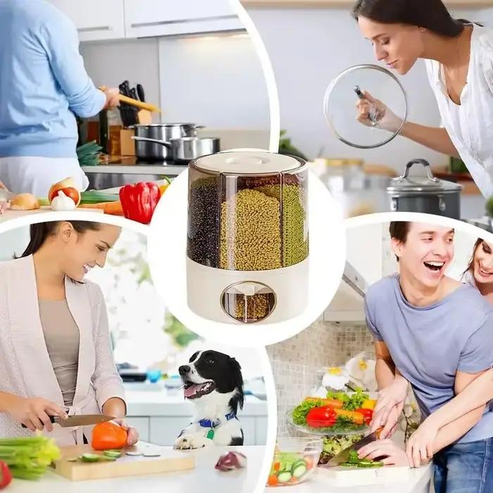 Conteneur de stockage de céréales alimentaires, distributeur de riz à 6 grilles, seau de stockage de cuisine, distributeur de stockage de riz à sortie en un clic, riz à 6 grilles