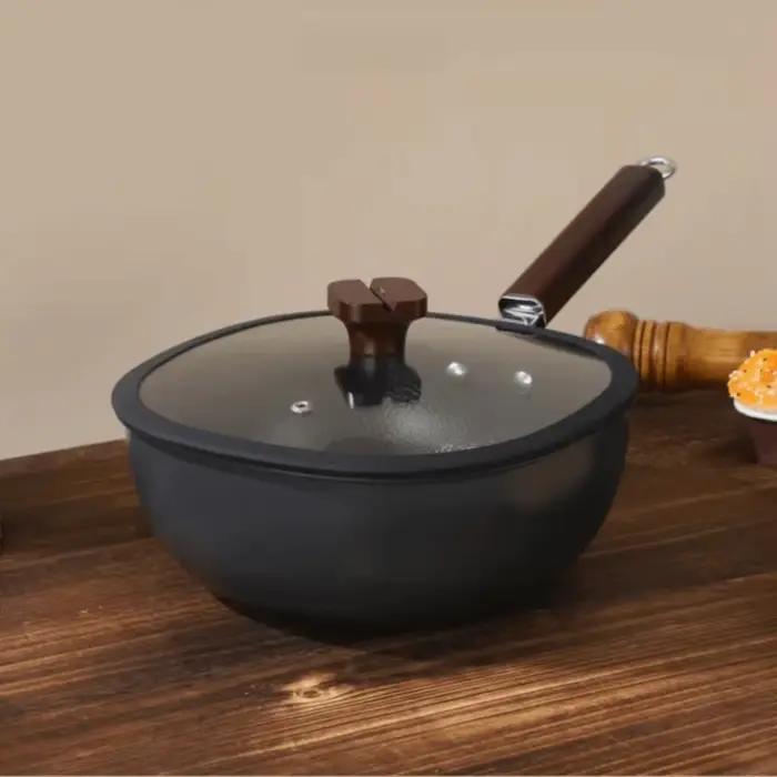Poêle à frire carrée en fer raffiné universelle, sans revêtement, manche en bois, poêle à frire, mini poêle à fond plat antiadhésive, cuisinière à induction