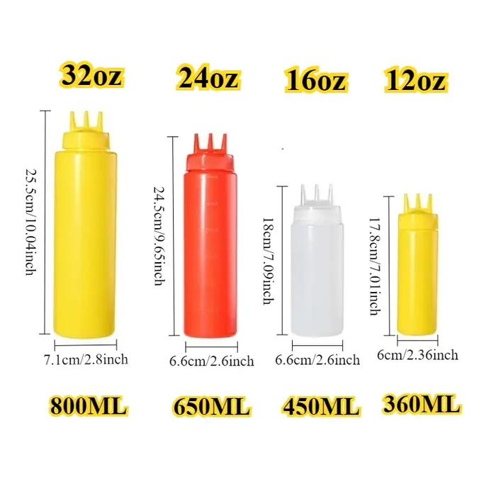 Bouteille à presser à 3 trous de 360 à 800 ml en plastique PE/PP, distributeur de sauces pour cuisine et occasions spéciales
