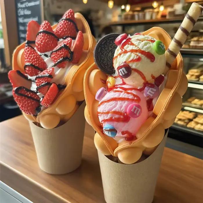 Ensemble de 2 pièces de cuillère à crème glacée, sucre sucré, Harvey, chocolat aiss, glace, snacks de rue, modèle de vente sur le marché, gaufre à bulles, cadeau