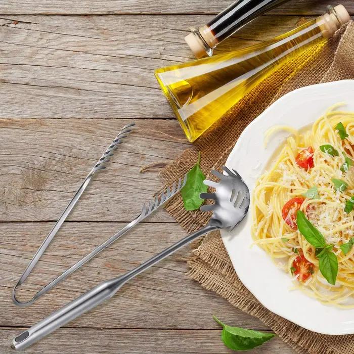 Cuillère à pâtes en acier inoxydable à dents, grand ustensile à spaghetti, pince de 9,4'' et fourchette à pâtes de 13,6'' avec poignée sous vide