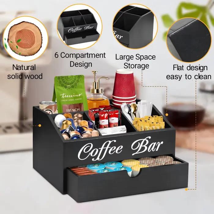 Boîte de rangement en bois pour sachets de café, organisateur d'accessoires de bar à café à double couche avec tiroirs, décoration rustique pour comptoir de bar à café