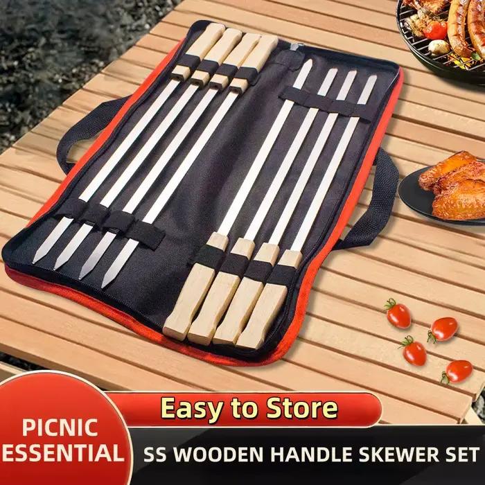 6/8 pièces Kabab Koobideh brochettes 17 pouces en acier inoxydable gril BBQ brochettes réutilisables Barbecue brochettes bâton plat avec manche en bois