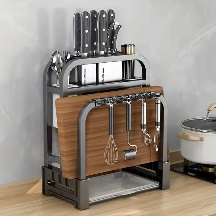 Rack de stockage de cuisine multifonctionnel en acier inoxydable gris clair et kaki foncé pour rangement de couteaux et planche à découper
