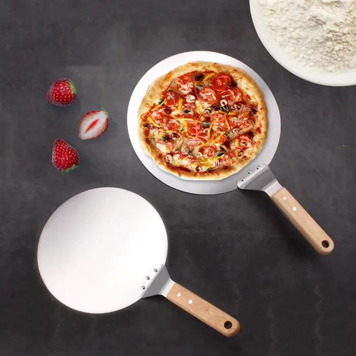 Pelle à pizza antiadhésive en acier inoxydable avec manche en bois
