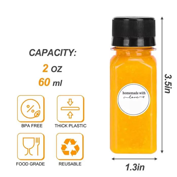 Bouteilles à shot en plastique PET de qualité alimentaire avec bouchons anti-fuite pour adultes, pour le lait, les boissons chaudes, les cocktails et les boissons fraîchement pressées