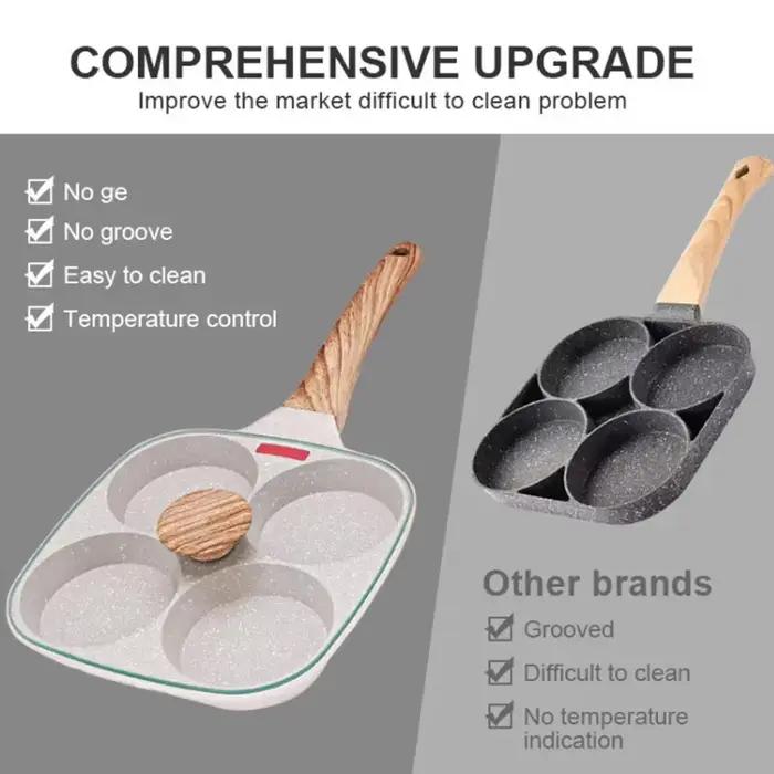 Poêle à omelette 4 trous avec couvercle en verre, antiadhésive, pour induction et gaz, petite capacité, ustensile de cuisine universel pour petits déjeuners et brunchs