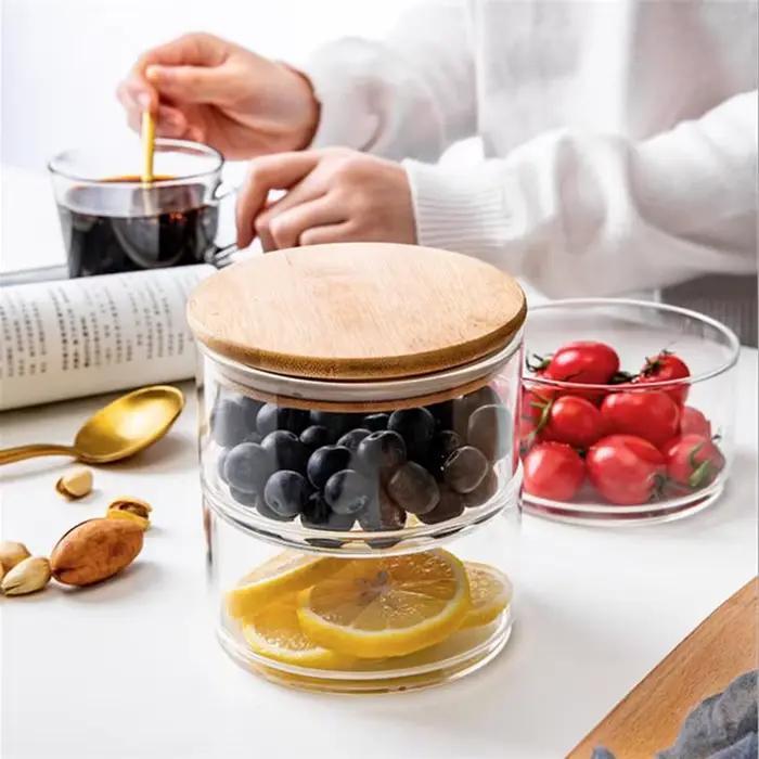 Bol en verre à salade japonais avec couvercle, pot de stockage de fruits, Tupperware empilable, organisateur de stockage des aliments, conteneurs de réfrigérateur de cuisine