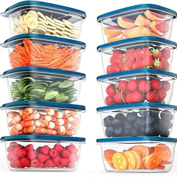 Ensemble de 6 contenants de stockage alimentaire en plastique transparent empilables avec couvercles bleus et marquages de mesure - Réutilisables, compatibles lave-vaisselle