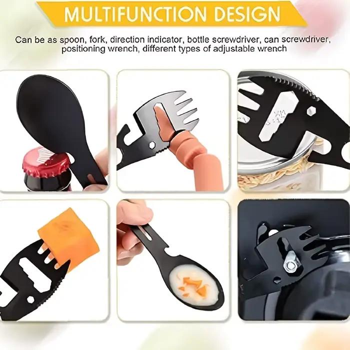 Spork multifonctionnel 10 en 1 : cuillère à ustensile portable en acier inoxydable, ouvre-boîte, couteau dentelé, clé, indicateur de direction