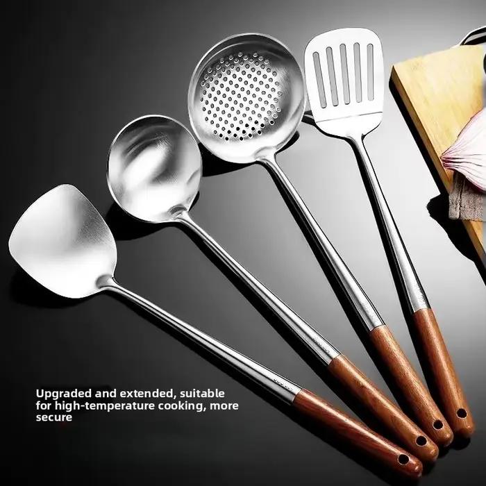 Spatule à poisson en acier inoxydable, poêle à œufs, cuillère antiadhésive, Long manche en bois, pelle plate fendue pour Steak, outil de cuisine