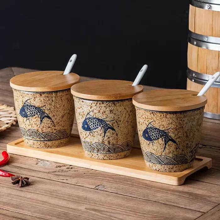 Pots à épices en céramique de Style rétro avec peinture sous glaçure