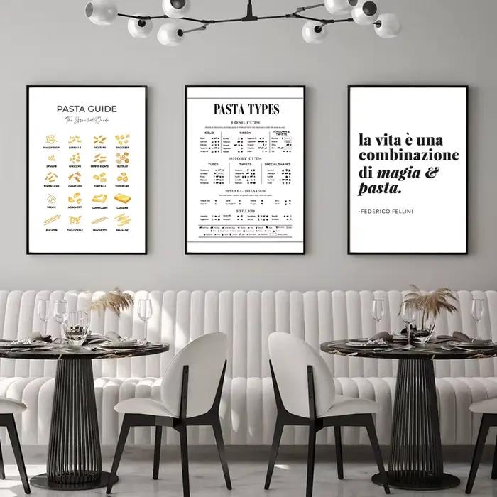 Impression d'art de types de pâtes italiennes, décor mural de cuisine, affiche de guide de pâtes, peinture sur toile, décoration de salle à manger et de restaurant, gérer