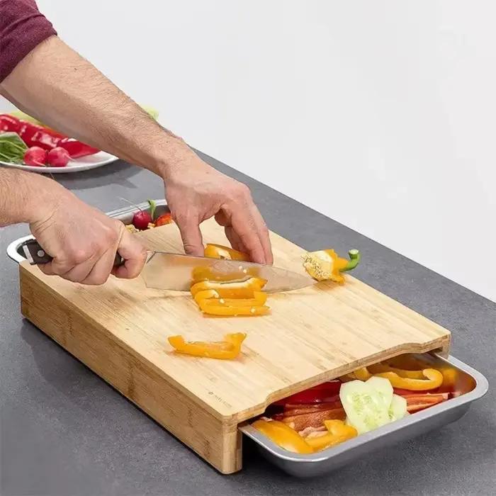Planche à découper multifonctionnelle en bambou avec plateau coulissant