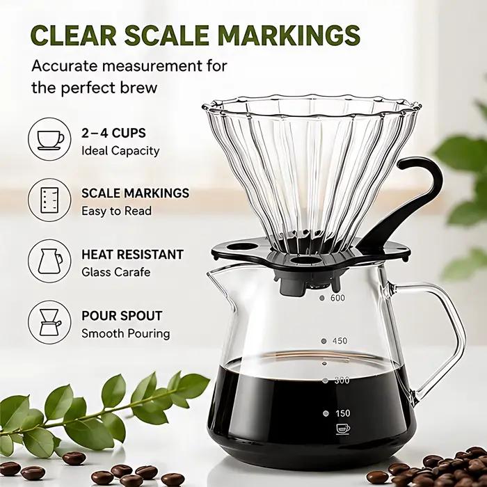 Cafetière à filtre, carafe en verre de 20 oz / 600 ml avec filtre à café en verre, ensemble de cafetière à filtre, 1 à 5 tasses