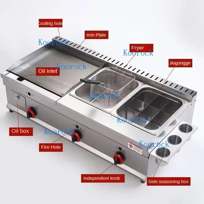 Grill professionnel à gaz autoportant pour crêpes, teppanyaki et plats mijotés, machine de cuisson pour la restauration rapide et les snacks polyvalents