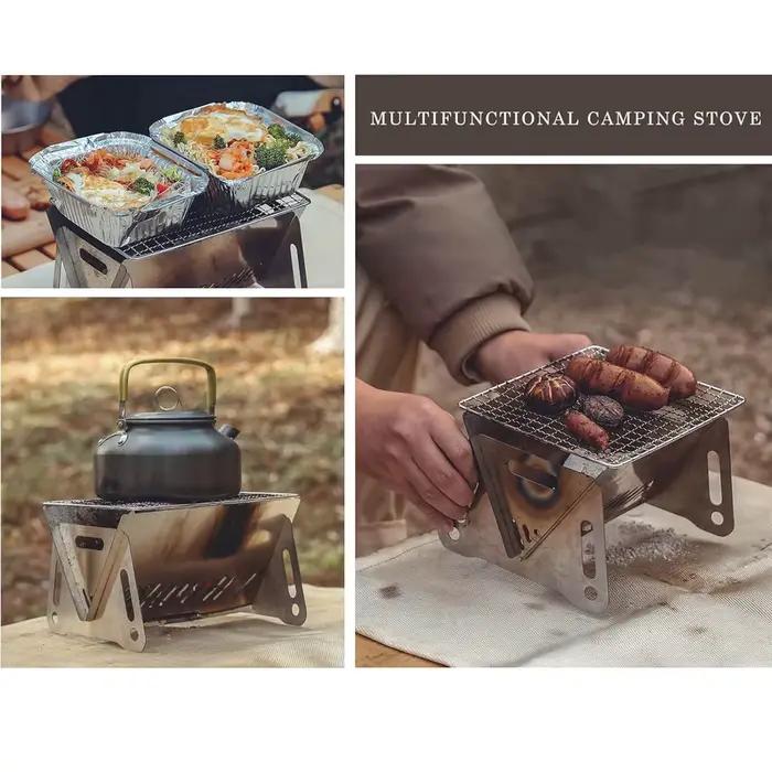 Poêle de randonnée pliant en acier inoxydable, gril à charbon de bois pour barbecue, poêle de camping pour randonnée pique-nique jardin cuisine arrière-cour