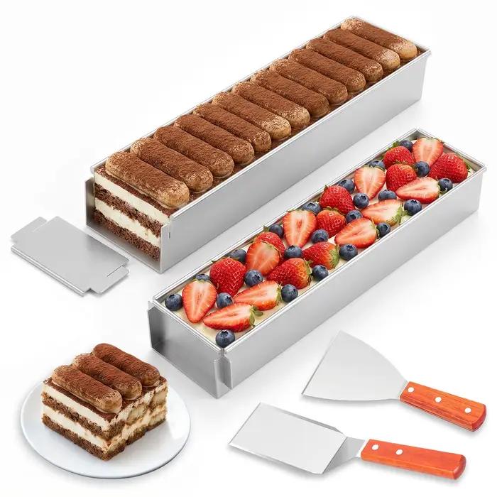 Moule à gâteau rectangulaire Tiramisu avec couvercle et spatule, en alliage d'aluminium antiadhésif, amovible, pour gâteaux, mousses et muffins DIY
