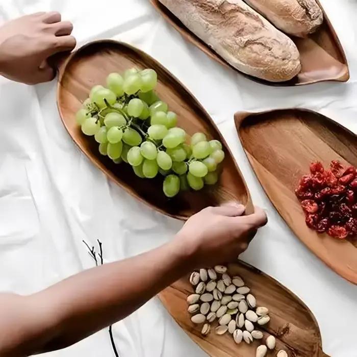 Plateau de service en bois en forme de feuille, étanche, pour steak, sushi, viande grillée, pizza, thé de l'après-midi, usage commercial comme vaisselle