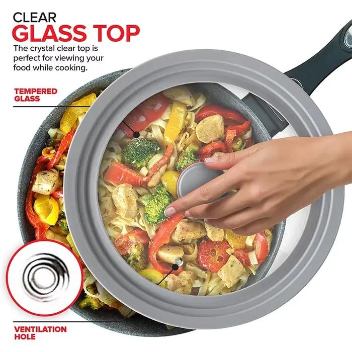 Couvercle universel en verre trempé avec bord en silicone résistant à la chaleur pour casseroles et poêles diamètres 24 cm 26 cm 28 cm occasions spéciales