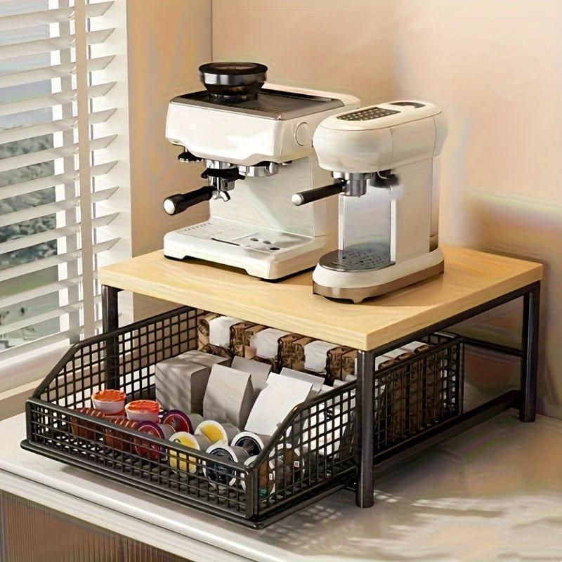 Étagère de rangement de cuisine à 2 niveaux - avec tiroirs + paniers en maille, en bois massif robus