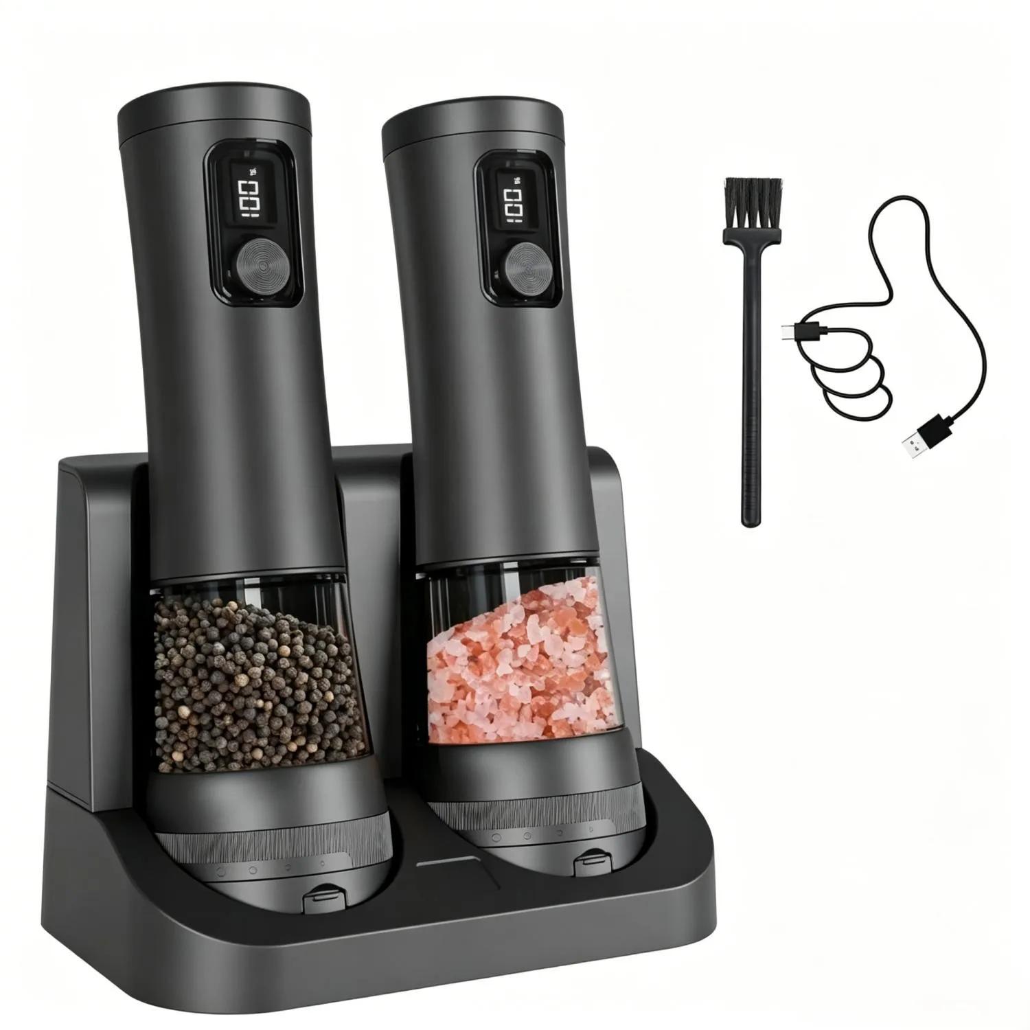 Ensemble de moulins à poivre automatiques avec base rechargeable, écran LED, outil de cuisine, adapt