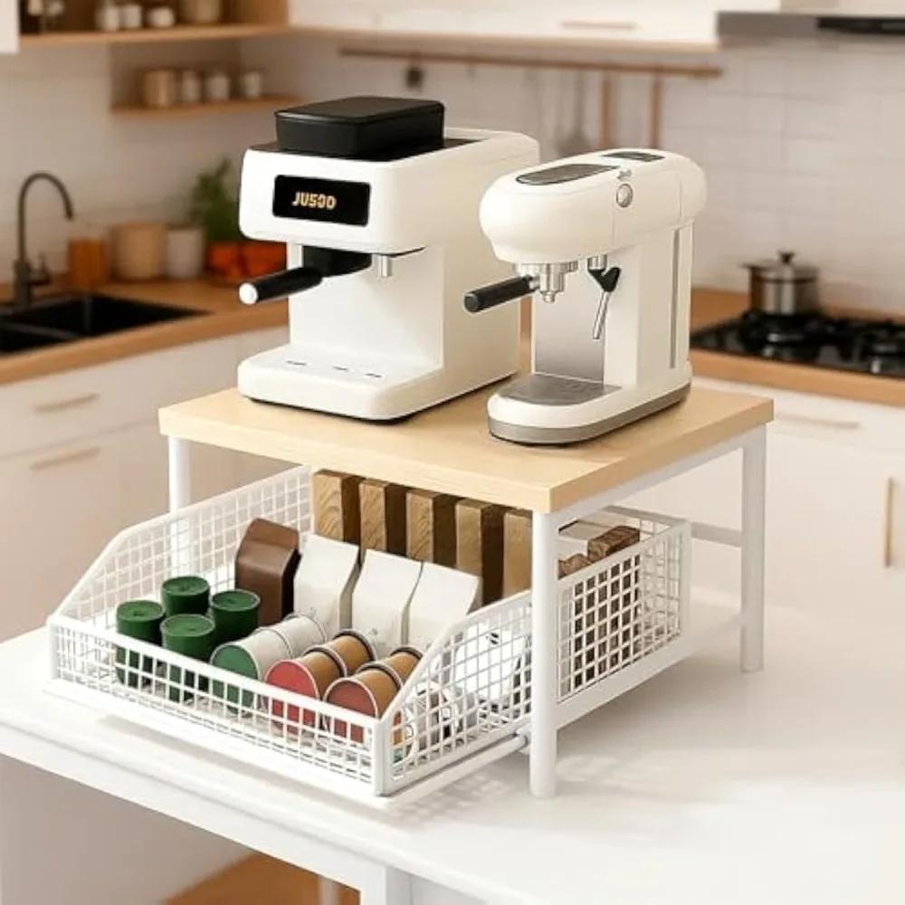 Étagère de rangement double couche pour comptoir de cuisine avec tiroirs pour vaisselle, épices, caf