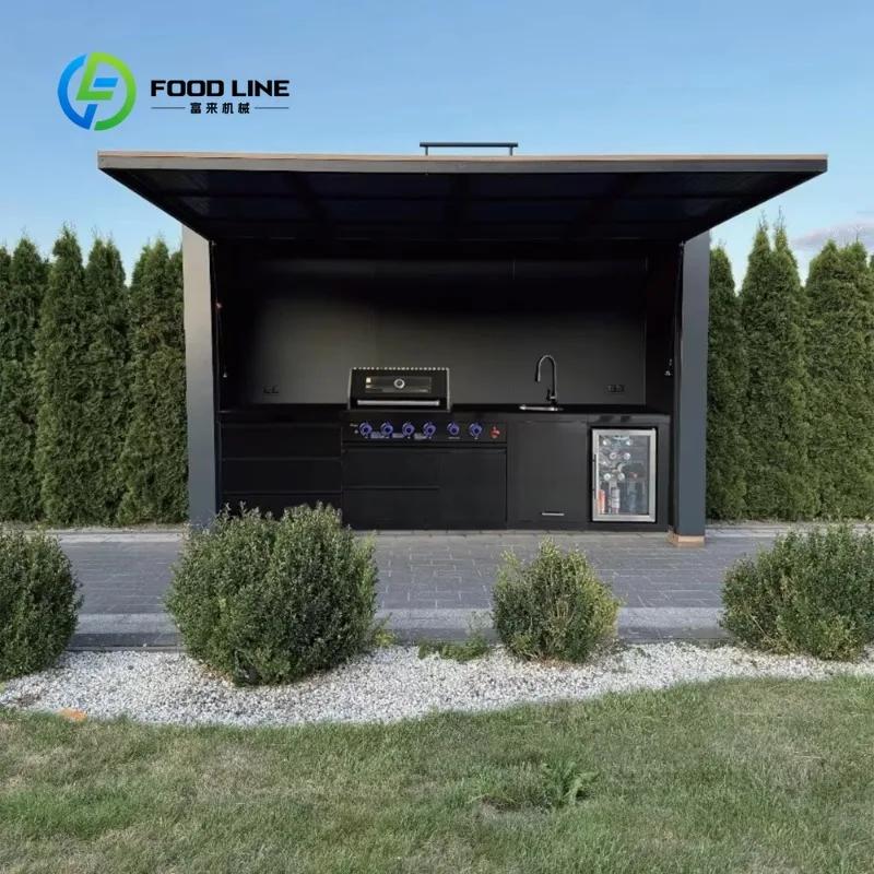 Cuisine extérieure moderne haut de gamme personnalisée, barbecue à gaz 5 brûleurs, évier en acier in