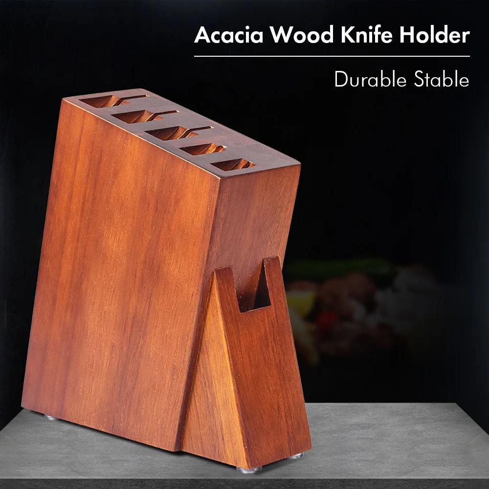 DASHWAY porte-couteau avec bloc de couteaux en bois d'acacia puissant sans couteaux trous de ciseaux accessoires de cuisine Design à cinq emplacements
