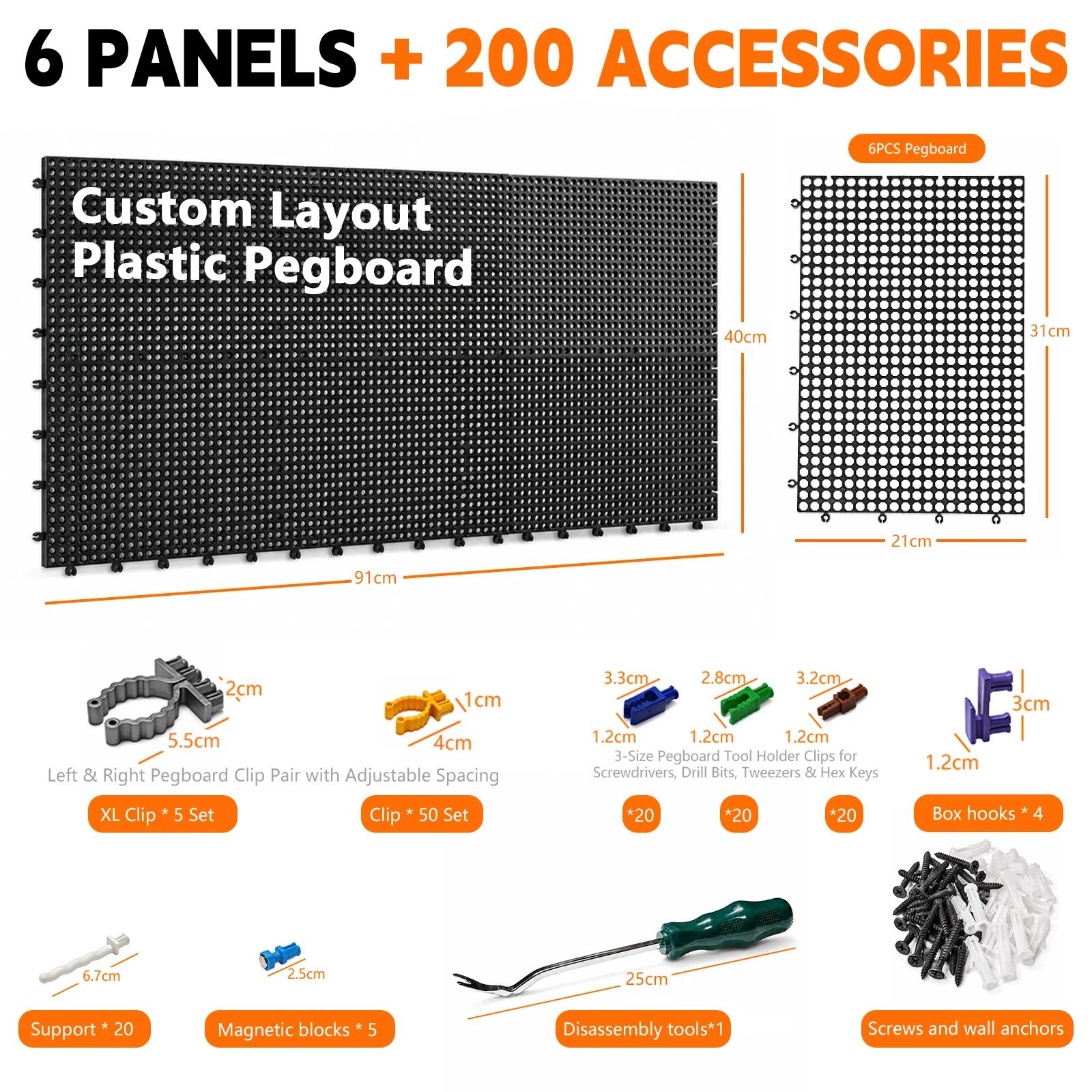 Kit d'organisation murale en plastique perforé, 6 panneaux noirs 91 x 40 cm, 200 accessoires avec crochets, pinces et supports, rangement modulaire pour outils